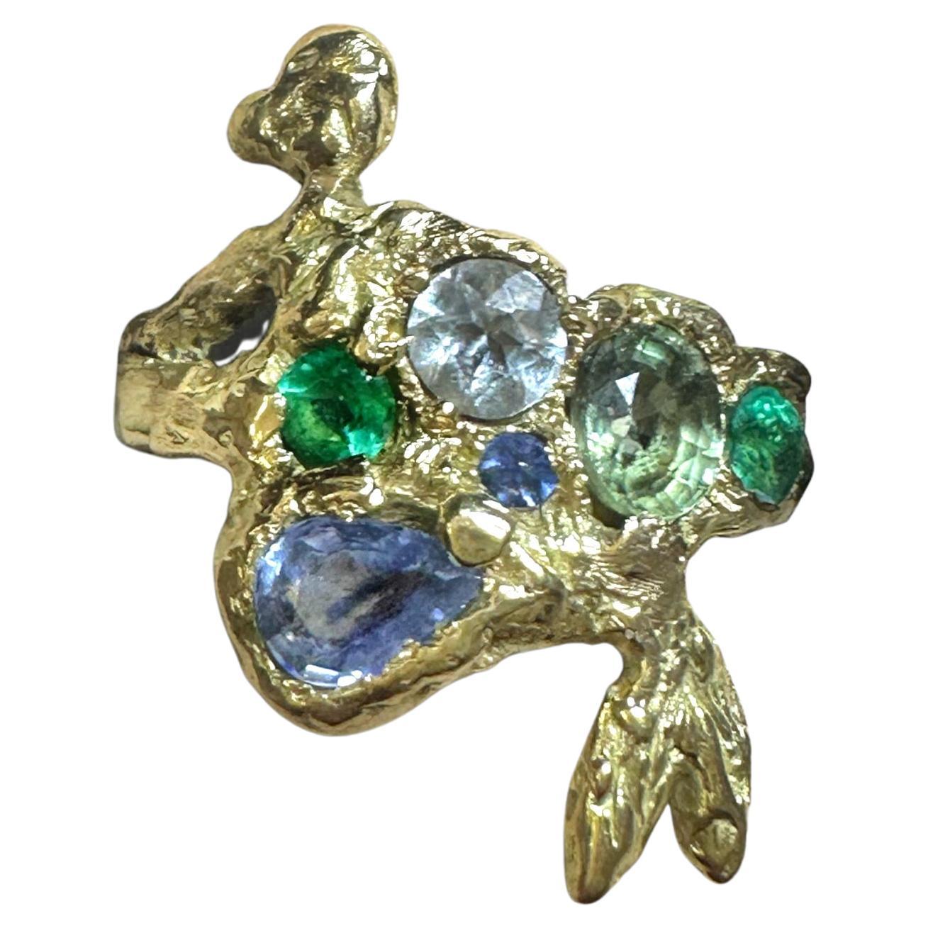Siren Mermaid Ring with Emeralds, Sapphires, Aquamarine in Gold, in stock For Sale