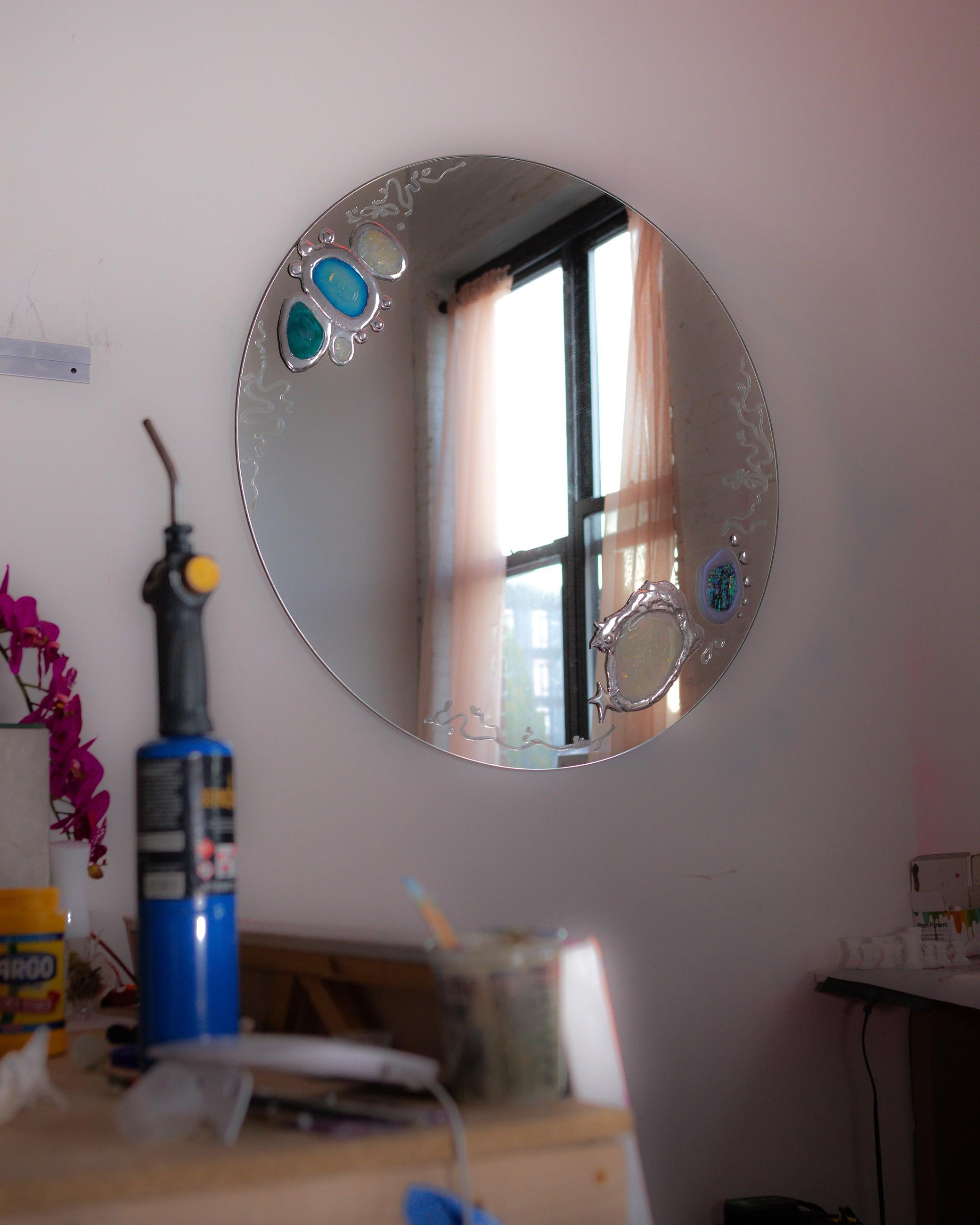 Siren Mirror Wall Decoration by Courtney Kinnare, Silver Pearl Mirror In New Condition For Sale In New York, NY