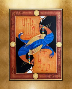 Sirenes" Peinture originale à l'huile sur toile dans un cadre en feuilles d'or, 2002