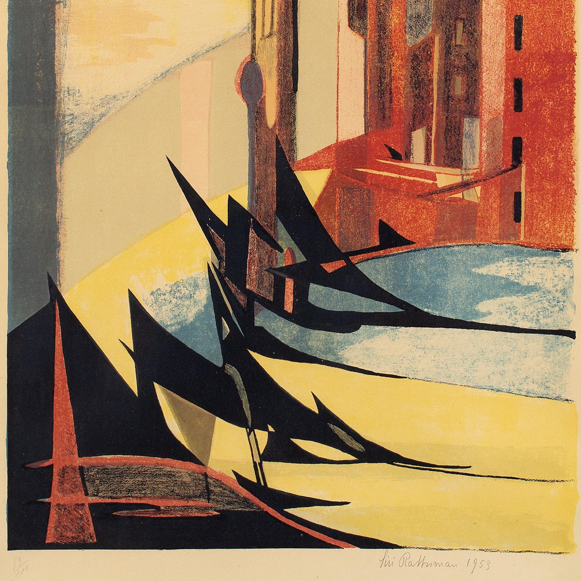 This mid-20th-century modernist composition by Swedish artist Siri Rathsman (1895-1974) depicts a coastal scene with buildings. It’s an exciting piece, produced by an artist working in Paris at the heart of the avant-garde.

Rathman was an