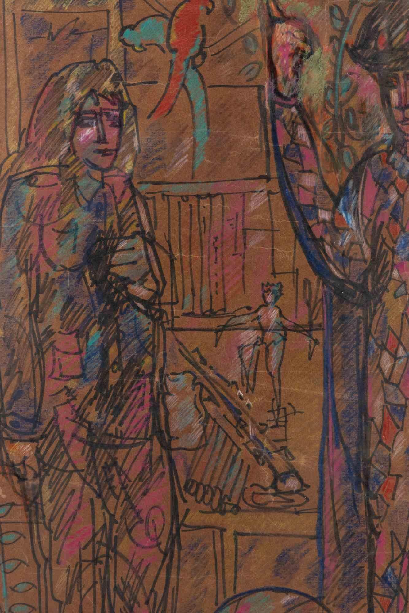 Harlequin - Mixed Media on Cardboard by Sirio Pellegrini - 1960s For Sale 1