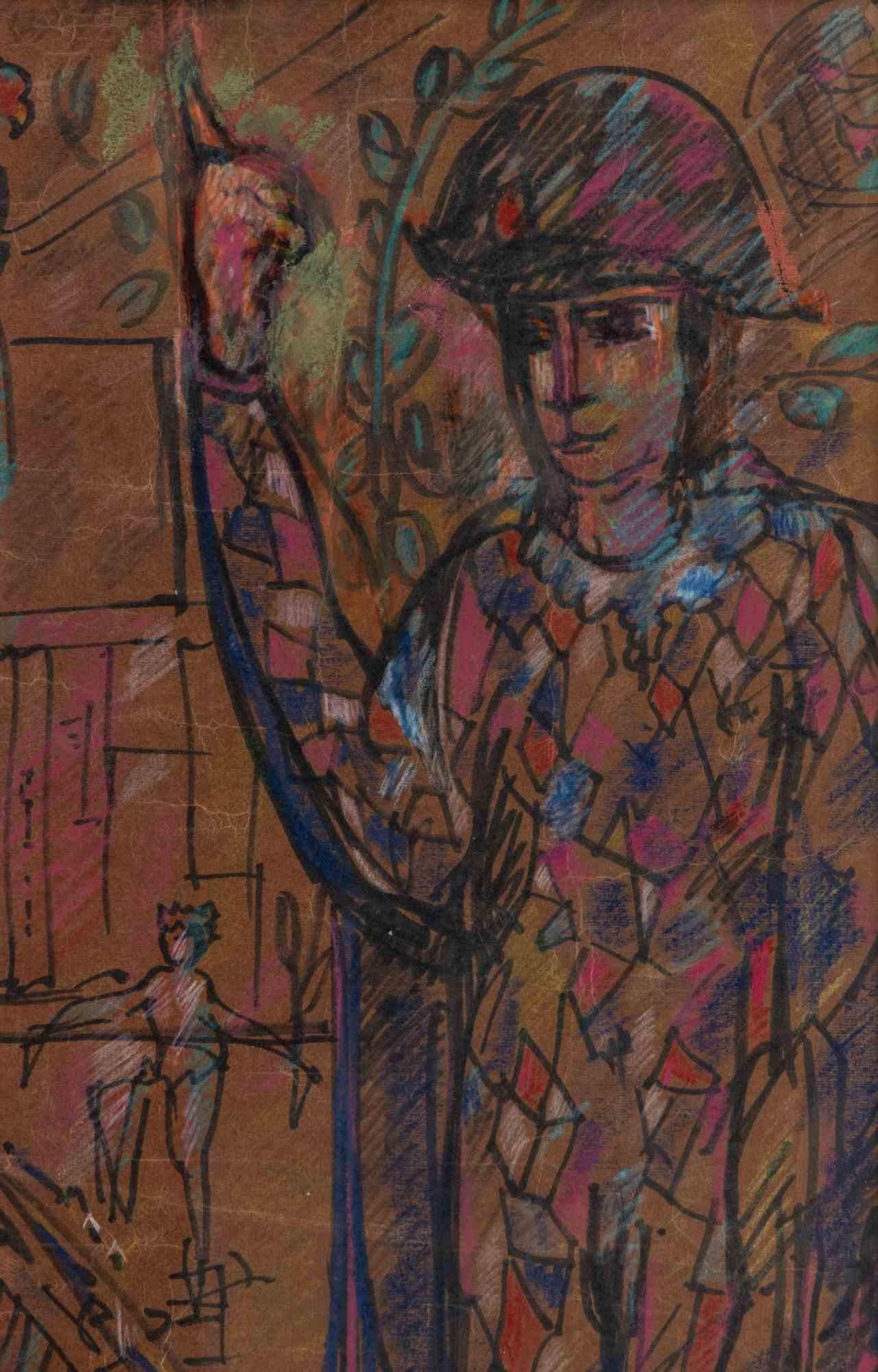 Harlequin - Mixed Media on Cardboard by Sirio Pellegrini - 1960s For Sale 2