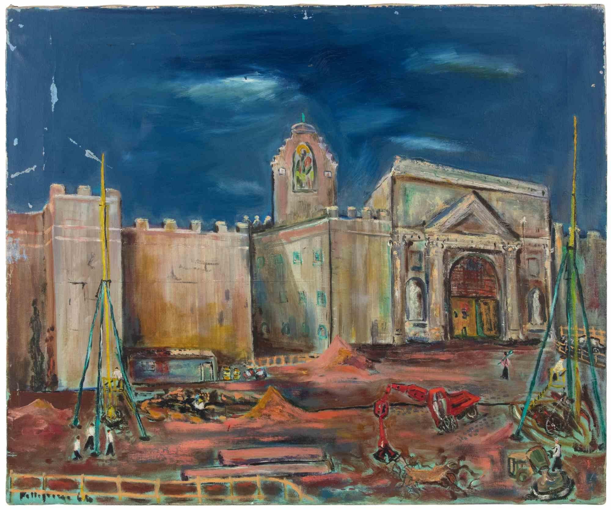 Paesaggio urbano - Olio su tela di Sirio Pellegrini - 1964