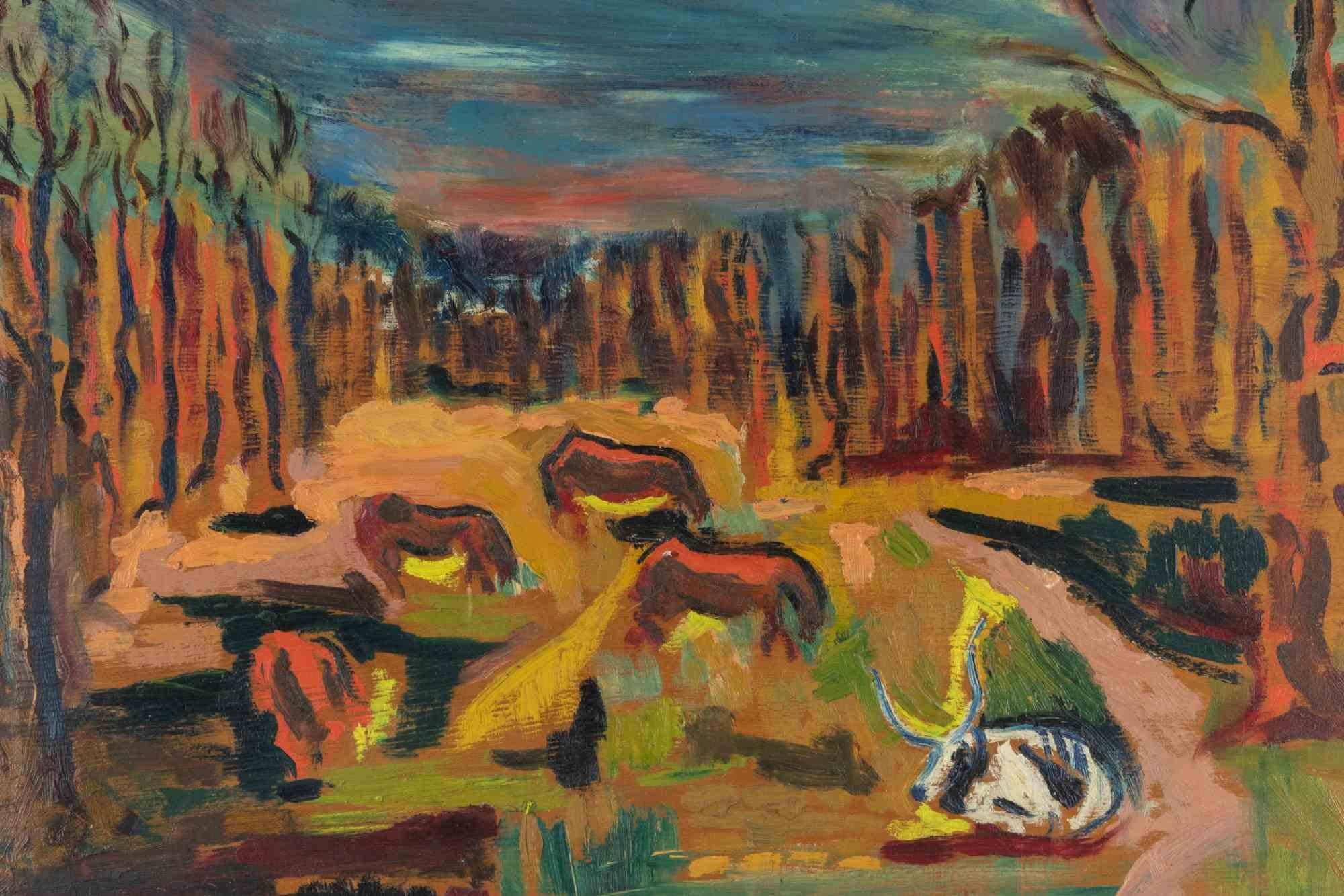 Grazing Animals in Manziana – Gemälde von Sirio Pellegrini – 1969 im Angebot 1