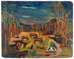 Animali al pascolo a Manziana - Dipinto di Sirio Pellegrini - 1969
