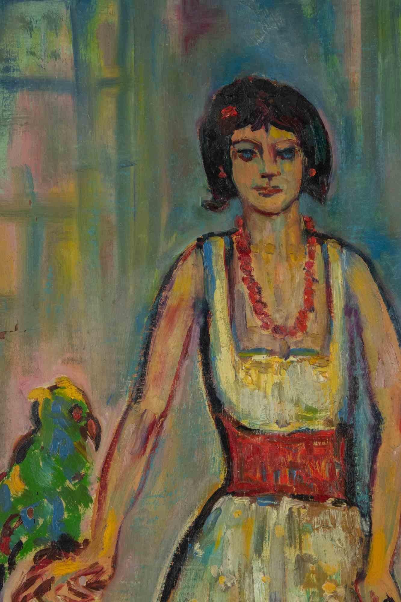 Maja mit Papagei – Farbe von Sirio Pellegrini – 1974 im Angebot 1