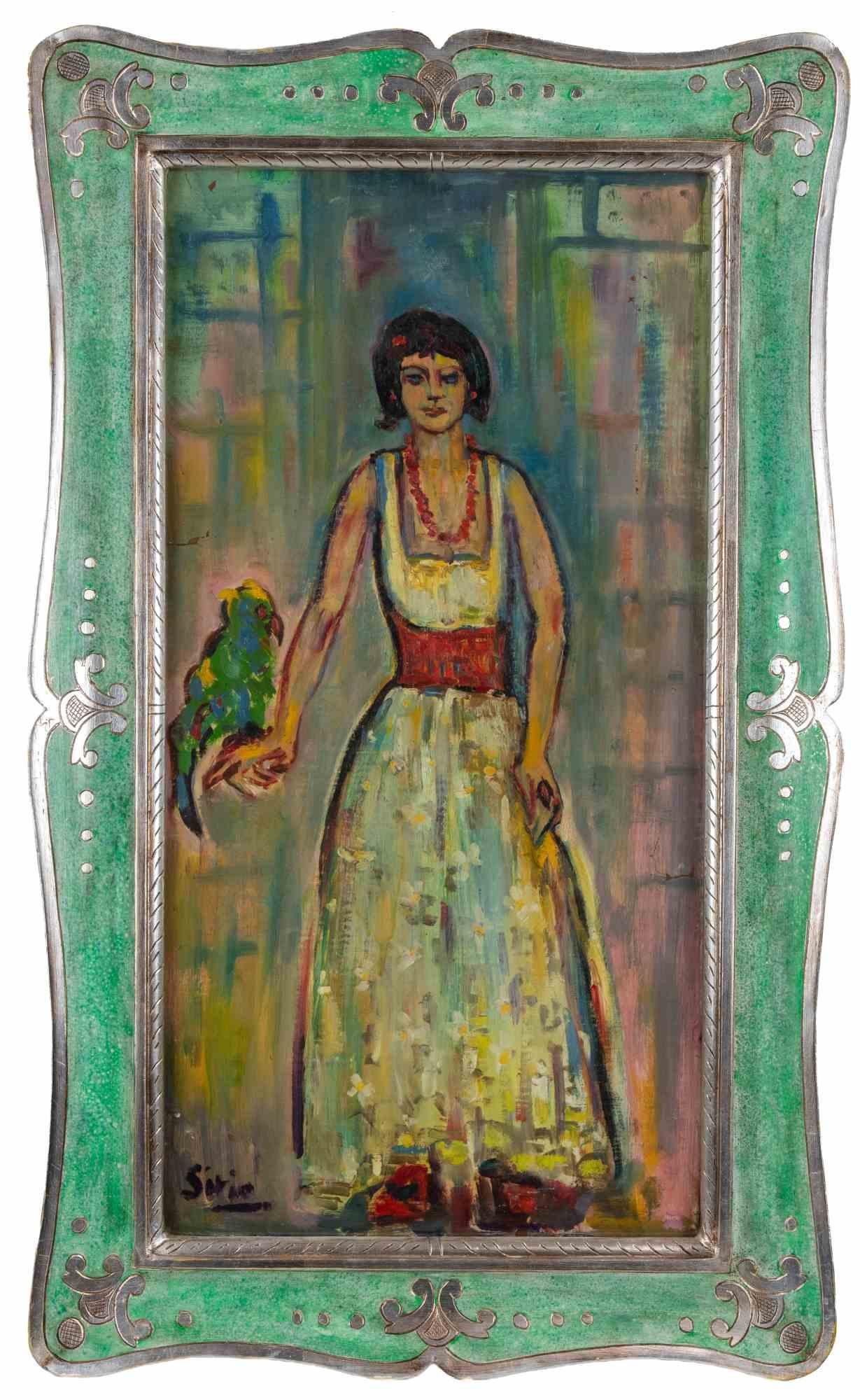 Maja with Parrot - Paint by Sirio Pellegrini - 1974