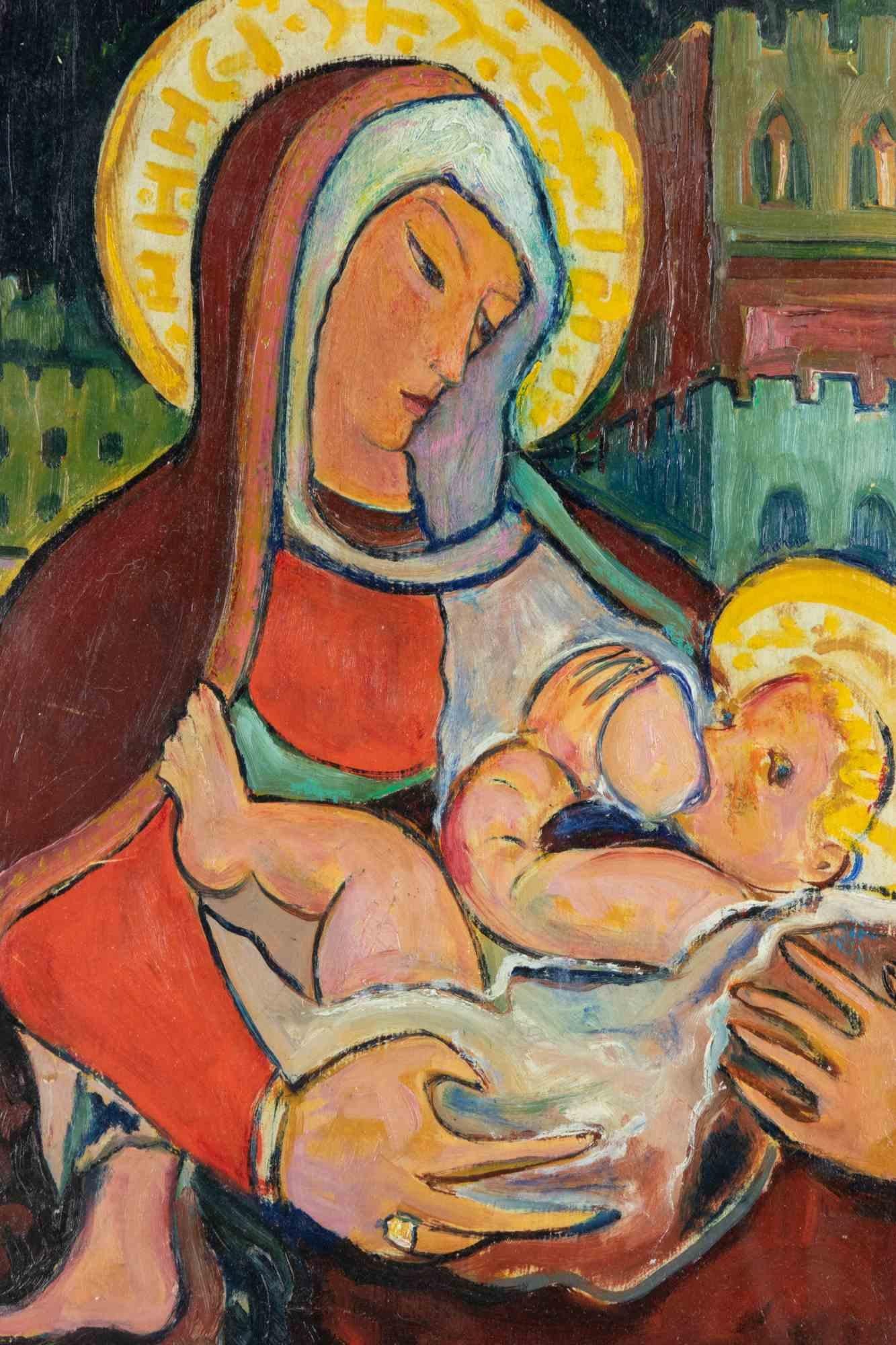 Mary und Kind Jesus – Gemälde von Sirio Pellegrini – 1965 im Angebot 1