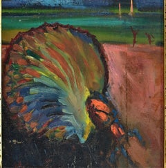 Pintura al óleo de un pavo real sobre tabla, contemporánea, firmada, 1967, 34 x 24 cm