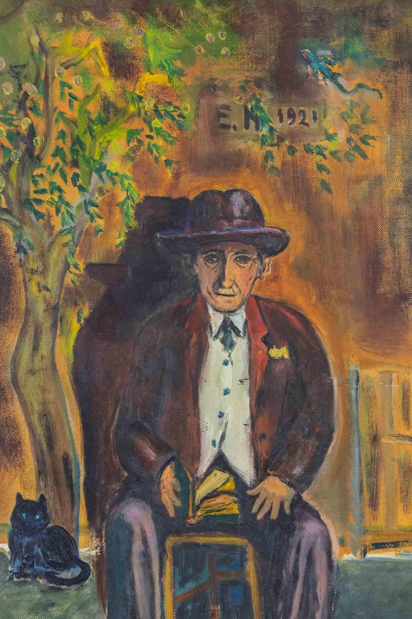 Portrait of Old Man with Cat in Capestrano - Paint by Sirio Pellegrini - 1968 For Sale 1