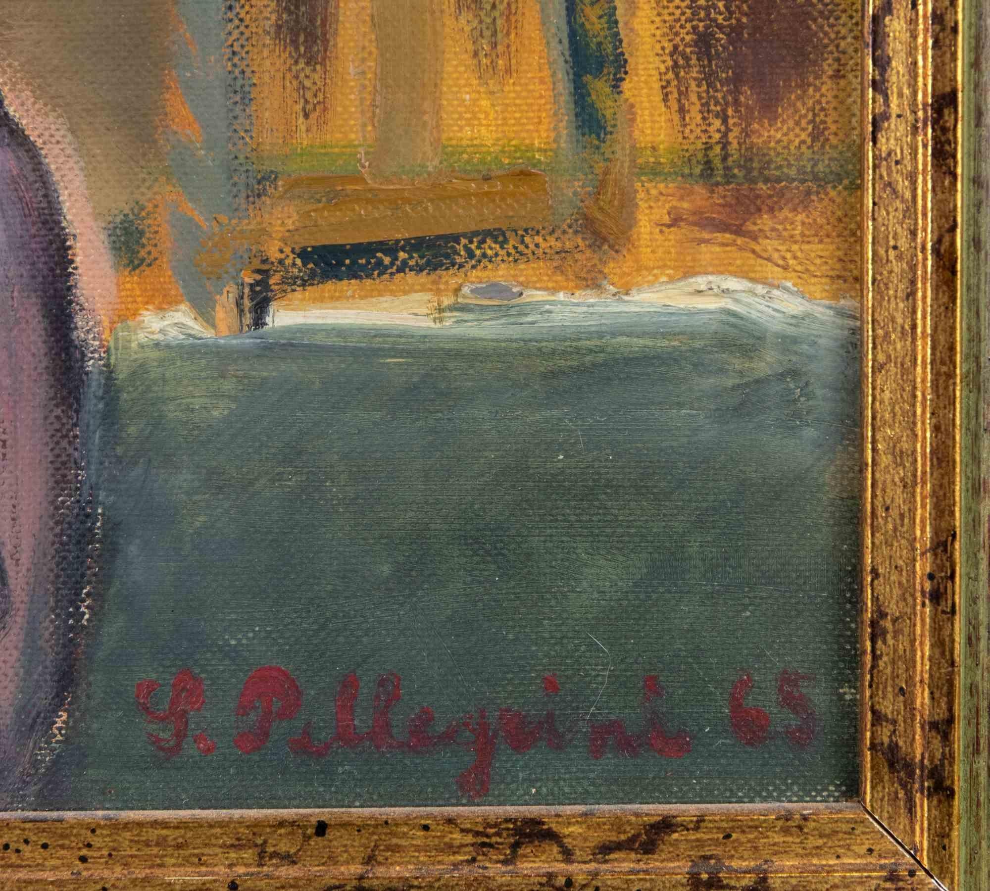 Portrait of Old Man with Cat in Capestrano - Paint by Sirio Pellegrini - 1968 For Sale 3