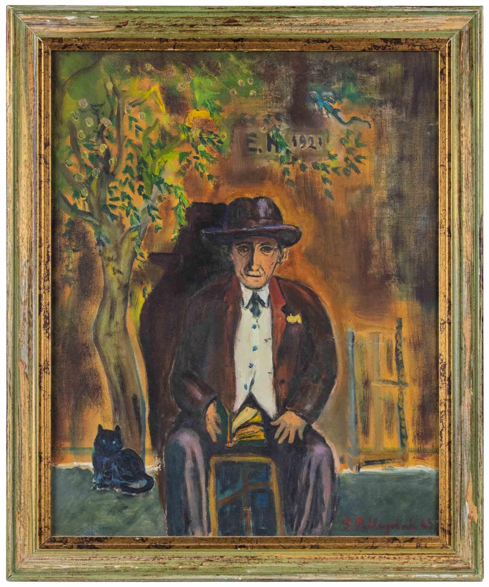 Retrato de anciano con gato en Capestrano - Pintura de Sirio Pellegrini - 1968