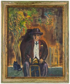 Vintage Portrait of Old Man with Cat in Capestrano - Paint by Sirio Pellegrini - 1968