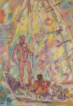 Sailors, Contemporary Oil Pastel on Cardboard, Framed, 1975