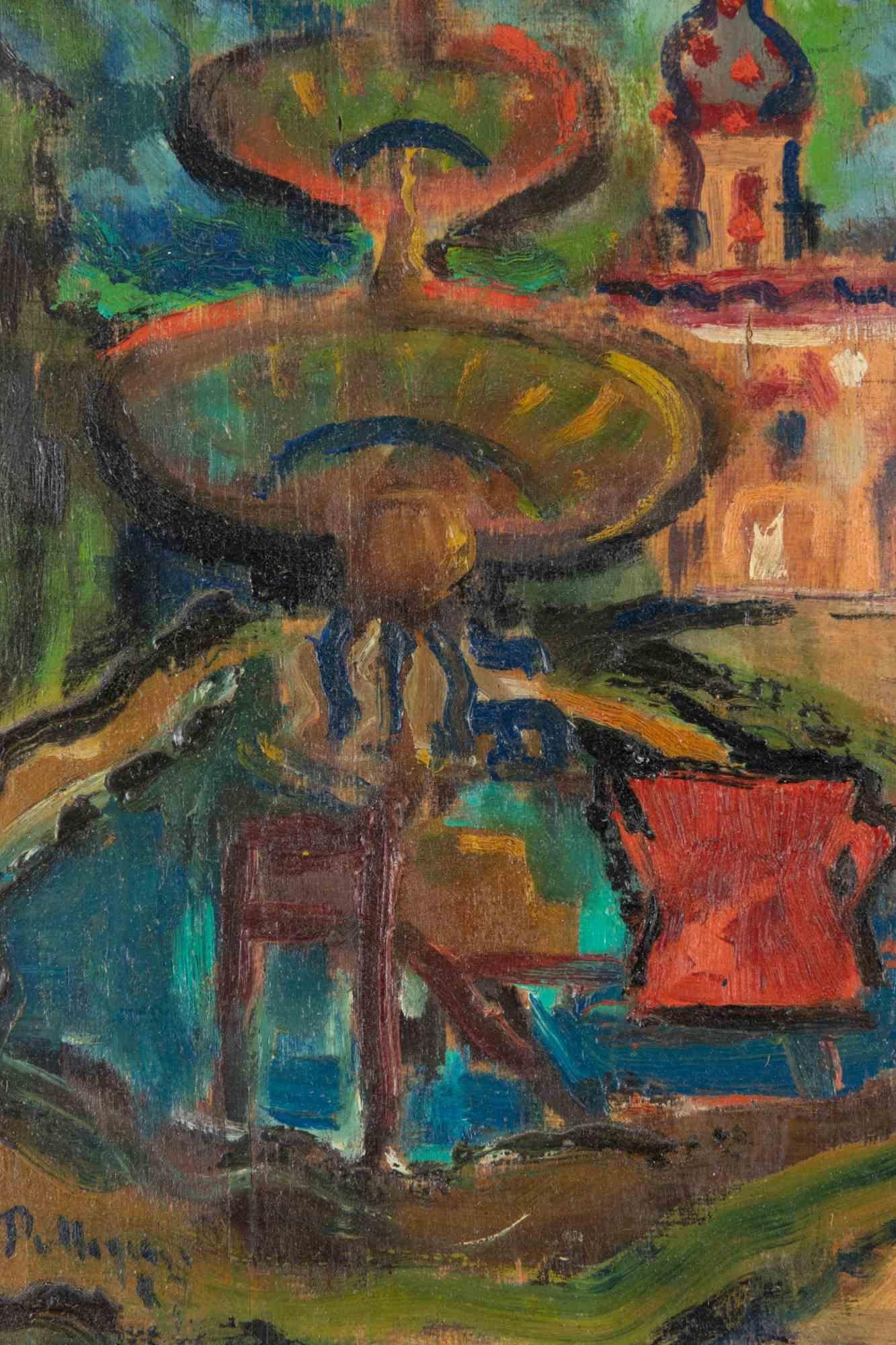 Square in Capestrano - Paint by Sirio Pellegrini - 1967 For Sale 1