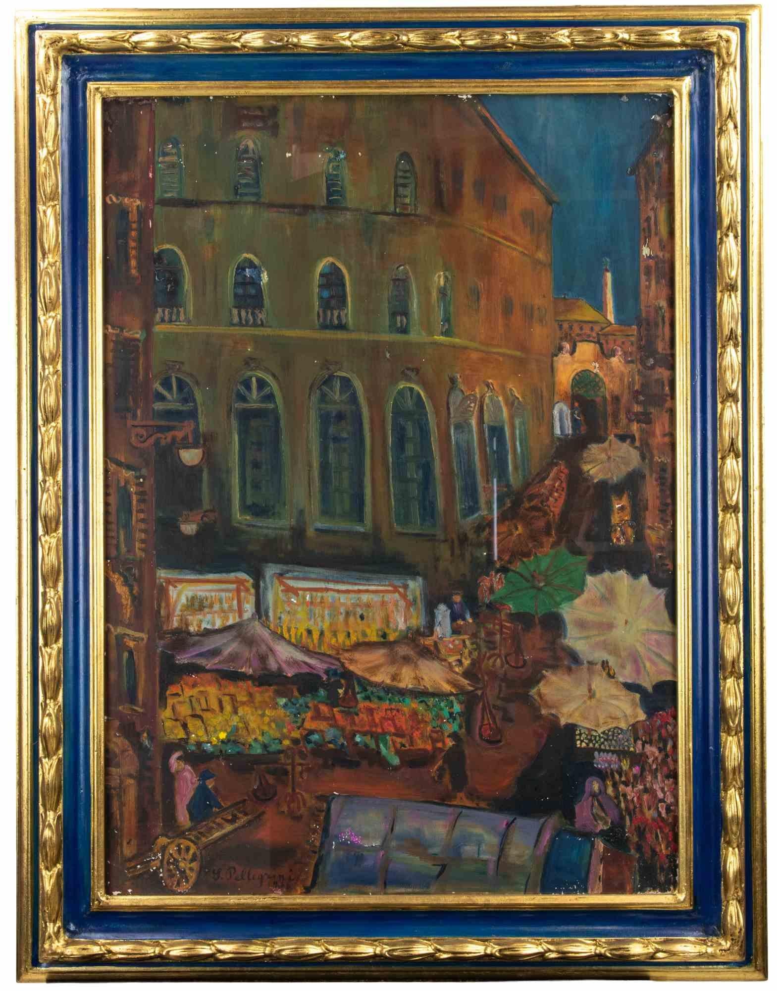 The Market - Oil Paint by Sirio Pellegrini - 1966