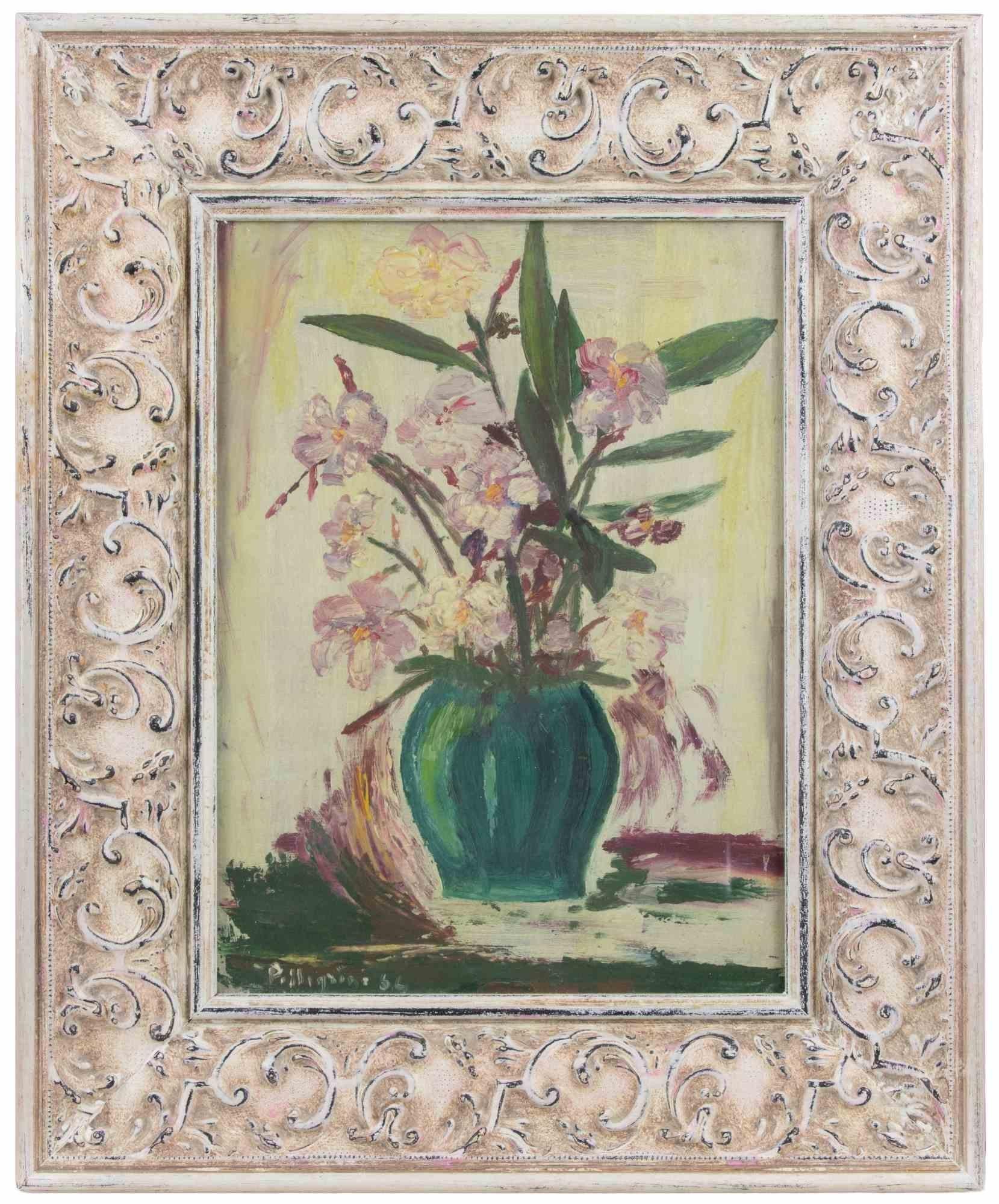 Oil on cardboard realized by Sirio Pellegrini in 1964.

Hand signed and dated.

Includes a wooden frame realized by the Artist. cm. 50x41.

Sirio Pellegrini, born in Rome on March 1, 1922, of Abruzzo origins (Capestrano), spent his childhood years