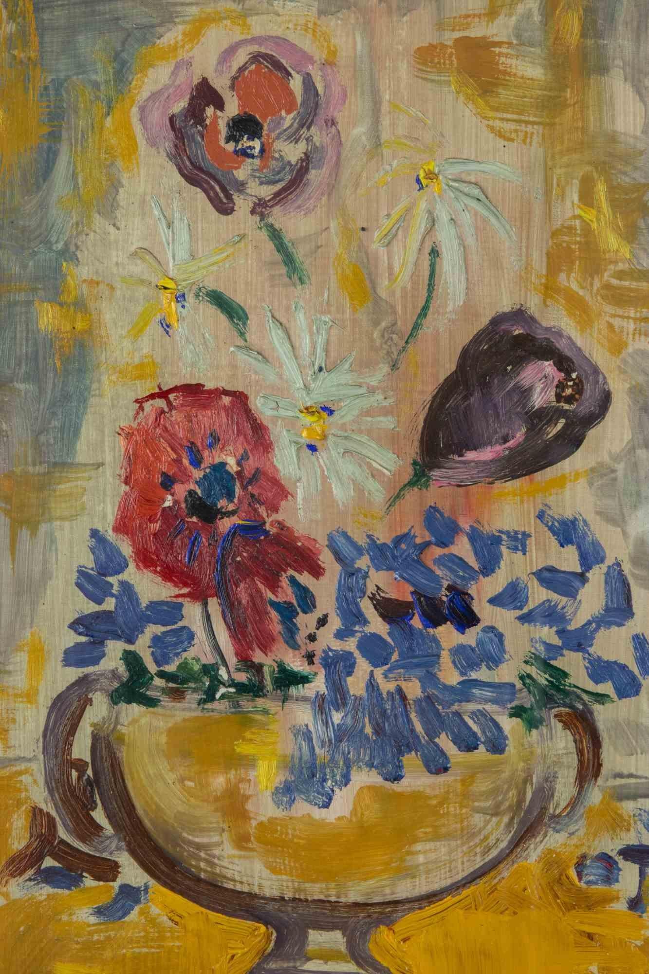 Vase mit Blumen – Farbe von Sirio Pellegrini – 1968 im Angebot 1
