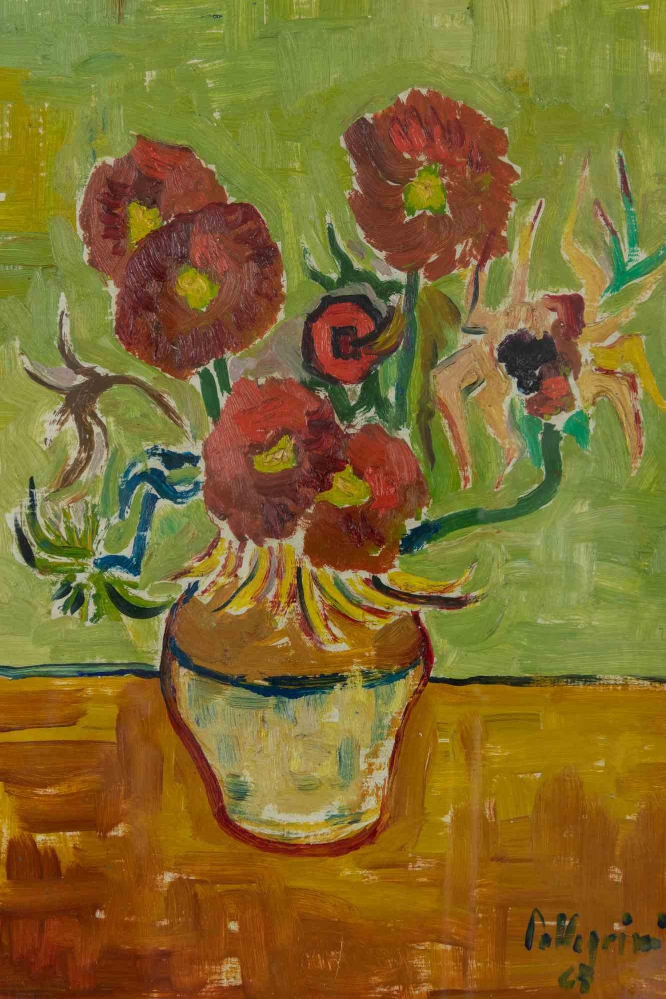 Vase mit Blumen – Farbe von Sirio Pellegrini – 1969 im Angebot 1