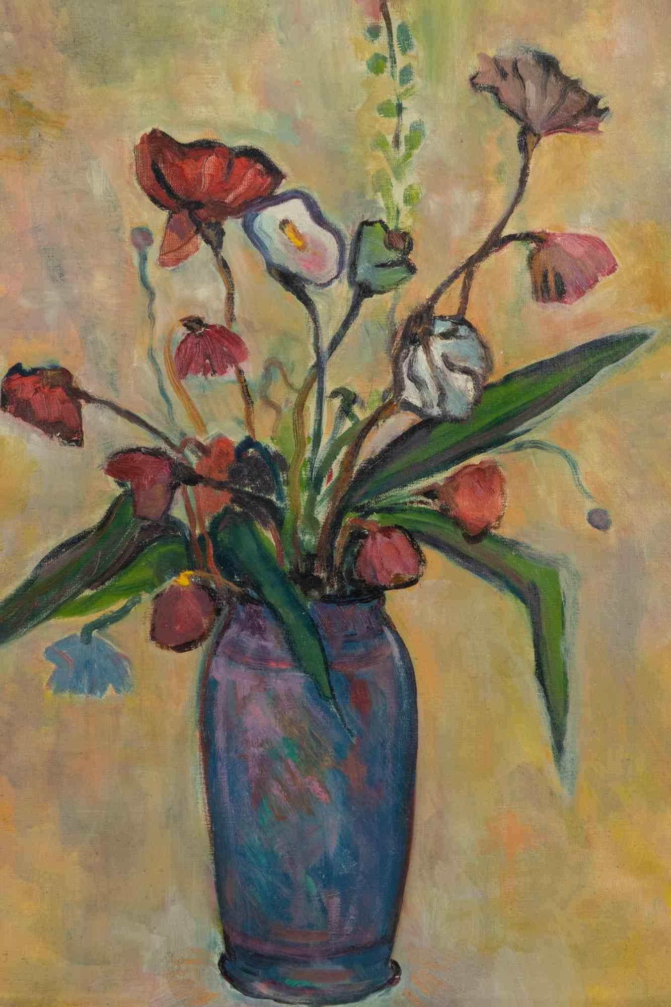 Vase mit Blumen – Farbe von Sirio Pellegrini – 1969 im Angebot 1