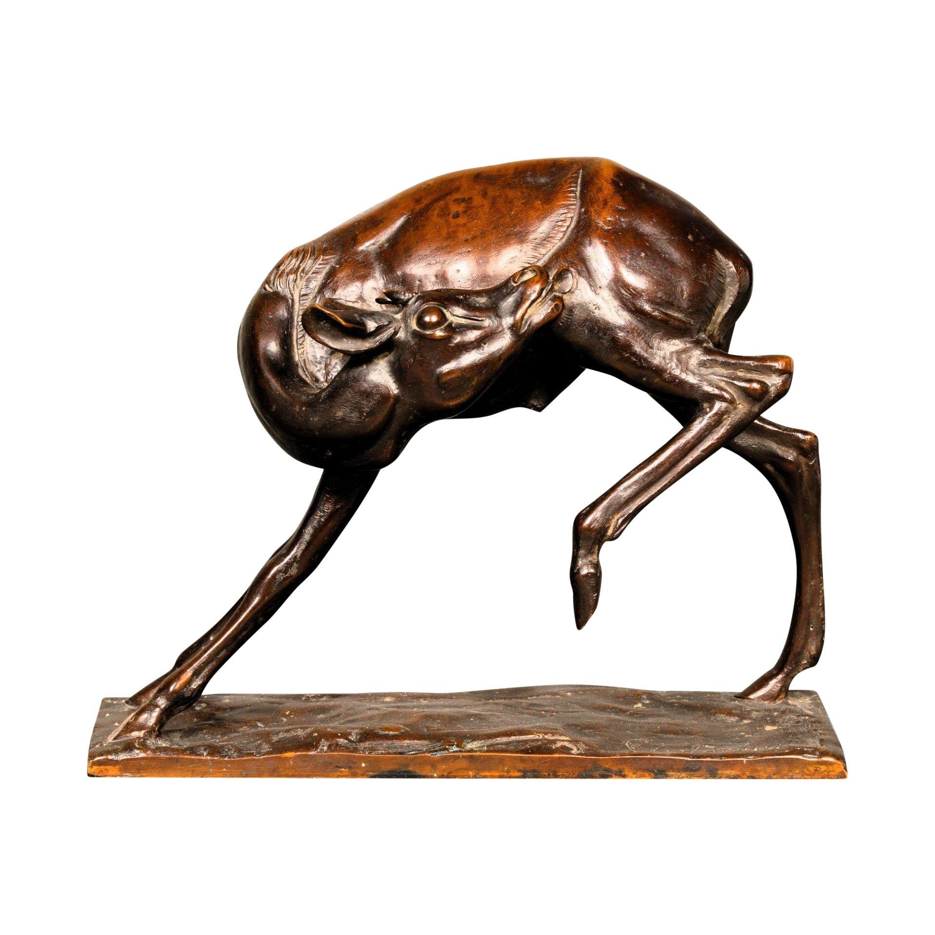 Feiner Bronzeguss einer jungen Antilope oder eines männlichen Hirsches, der sich den Rücken leckt, von Sirio Tofanari (1886-1969). Ein altes Modell mit abgebauter dunkelbrauner Patina und helleren Brauntönen. Signiert Sirio Tofanari auf dem