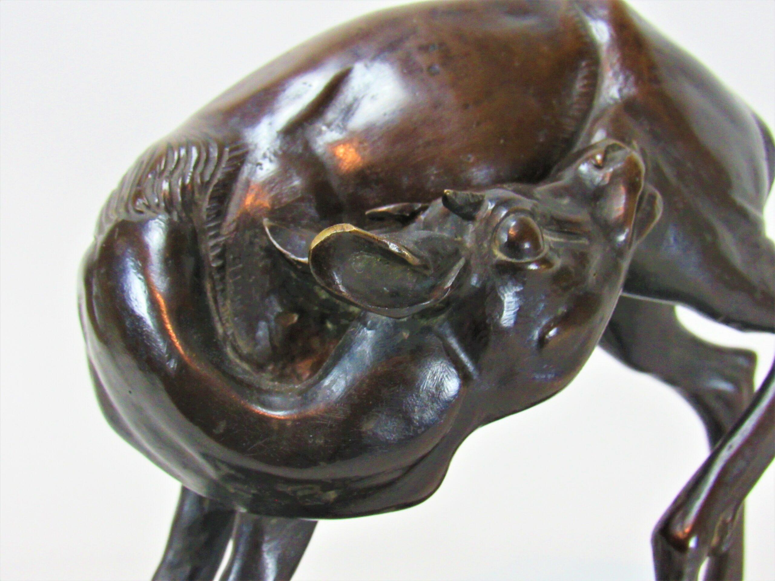 Young Antelope Or Young Deer
A nice bronze cast of a young antelope or a young male deer licking its back, by Sirio Tofanari (1886-1969). An old cast with a dark brown shaded patina and lighter brown undertones. Signed S. Tofanari on the base.