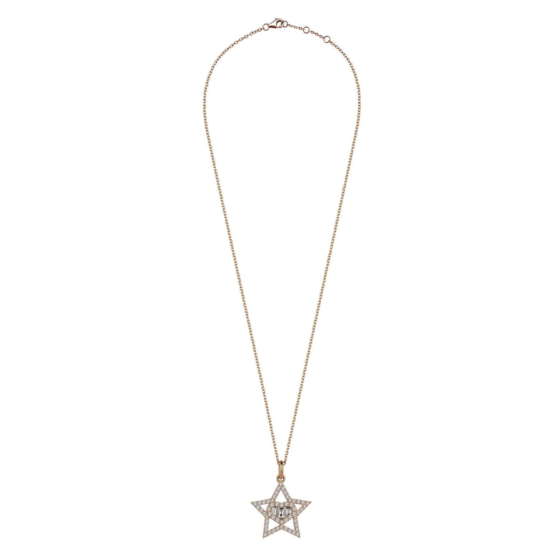 Artisan Sirius Love Baguette Diamond 18K Rose Gold Charm Necklace For Sale