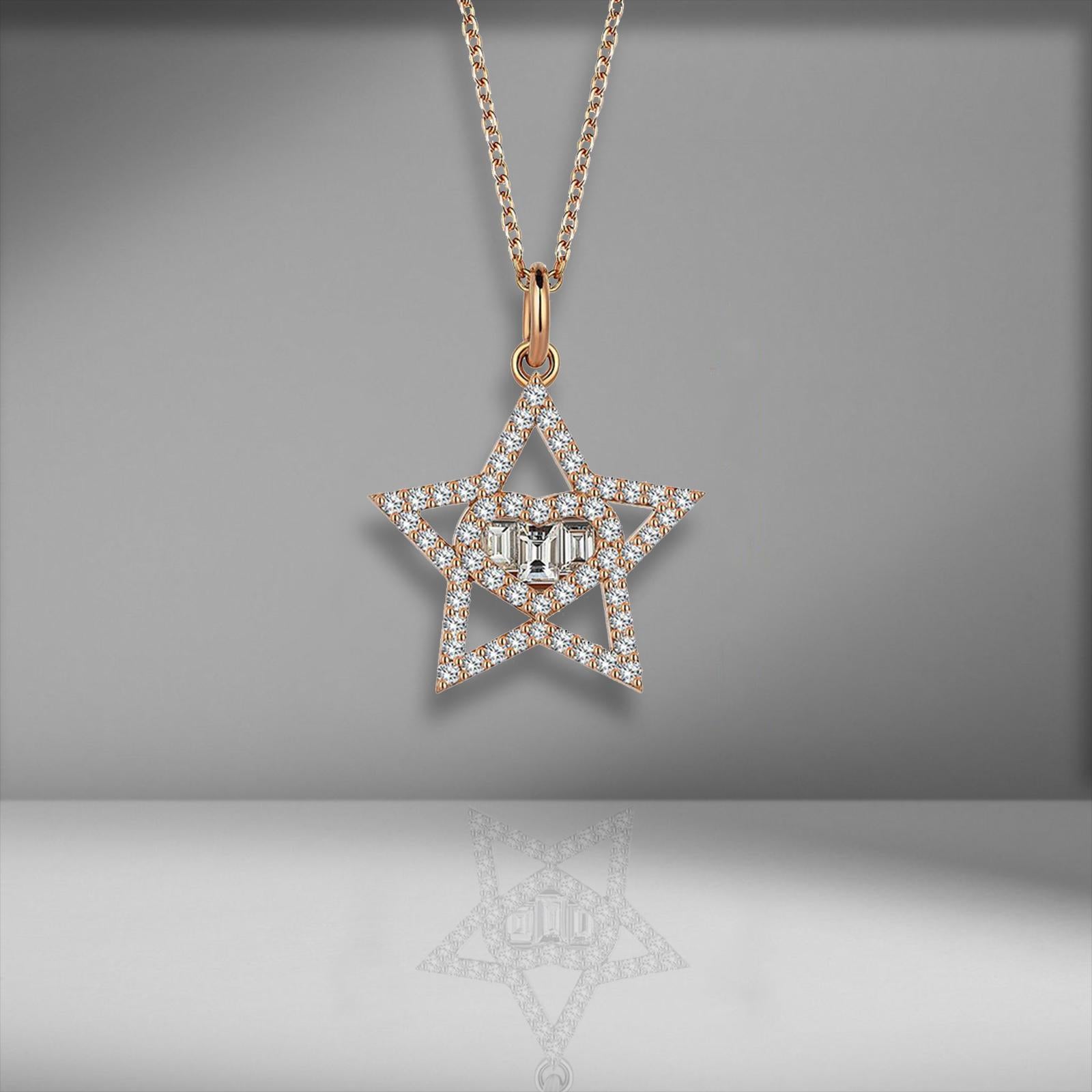 Baguette Cut Sirius Love Baguette Diamond 18K Rose Gold Charm Necklace For Sale