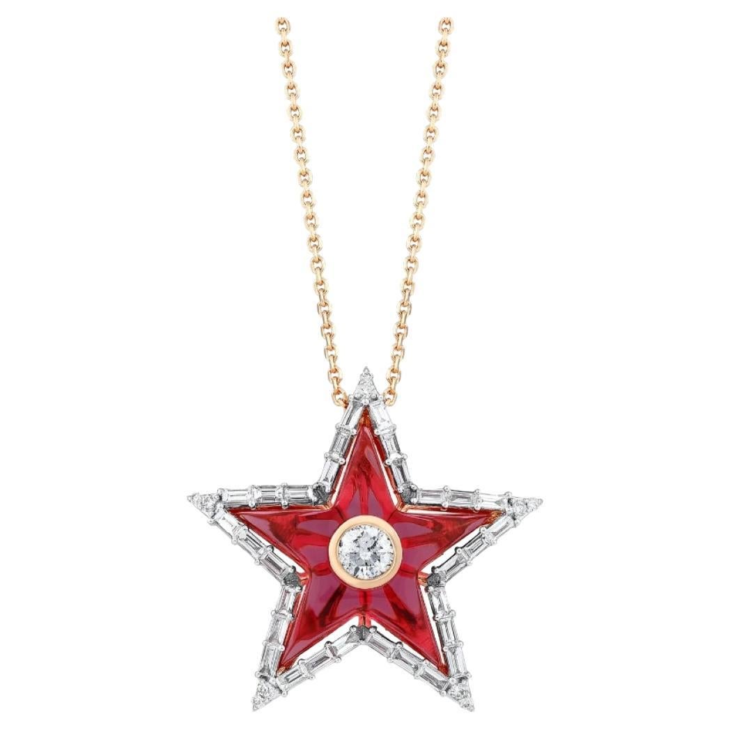 Baguette Cut Sirius Ruby White Diamond and White Tourmaline Star Pendant Necklace For Sale