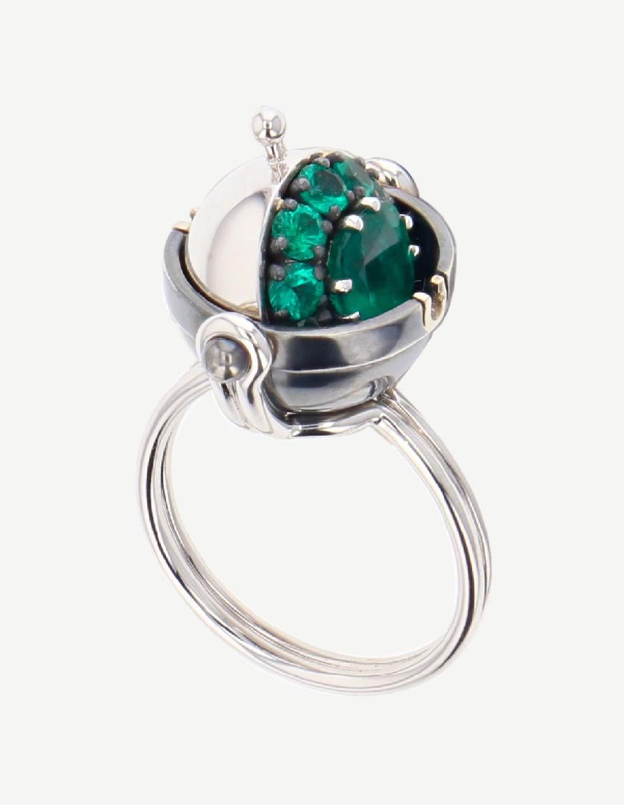 Neoclassical Emerald Diamonds Sphere Medium Ring in 18 white gold by Elie Top