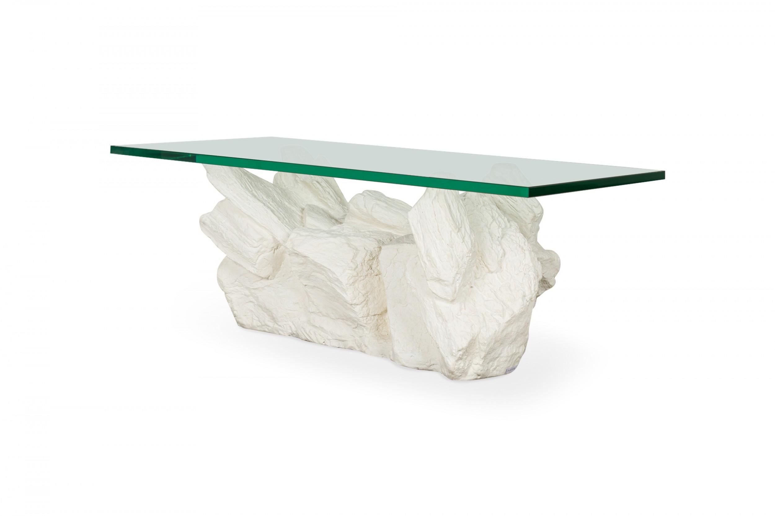 Mid-Century Modern Sirmos American Mid-Century White Plaster and Glass Faux Bois Stone Coffee Table For Sale