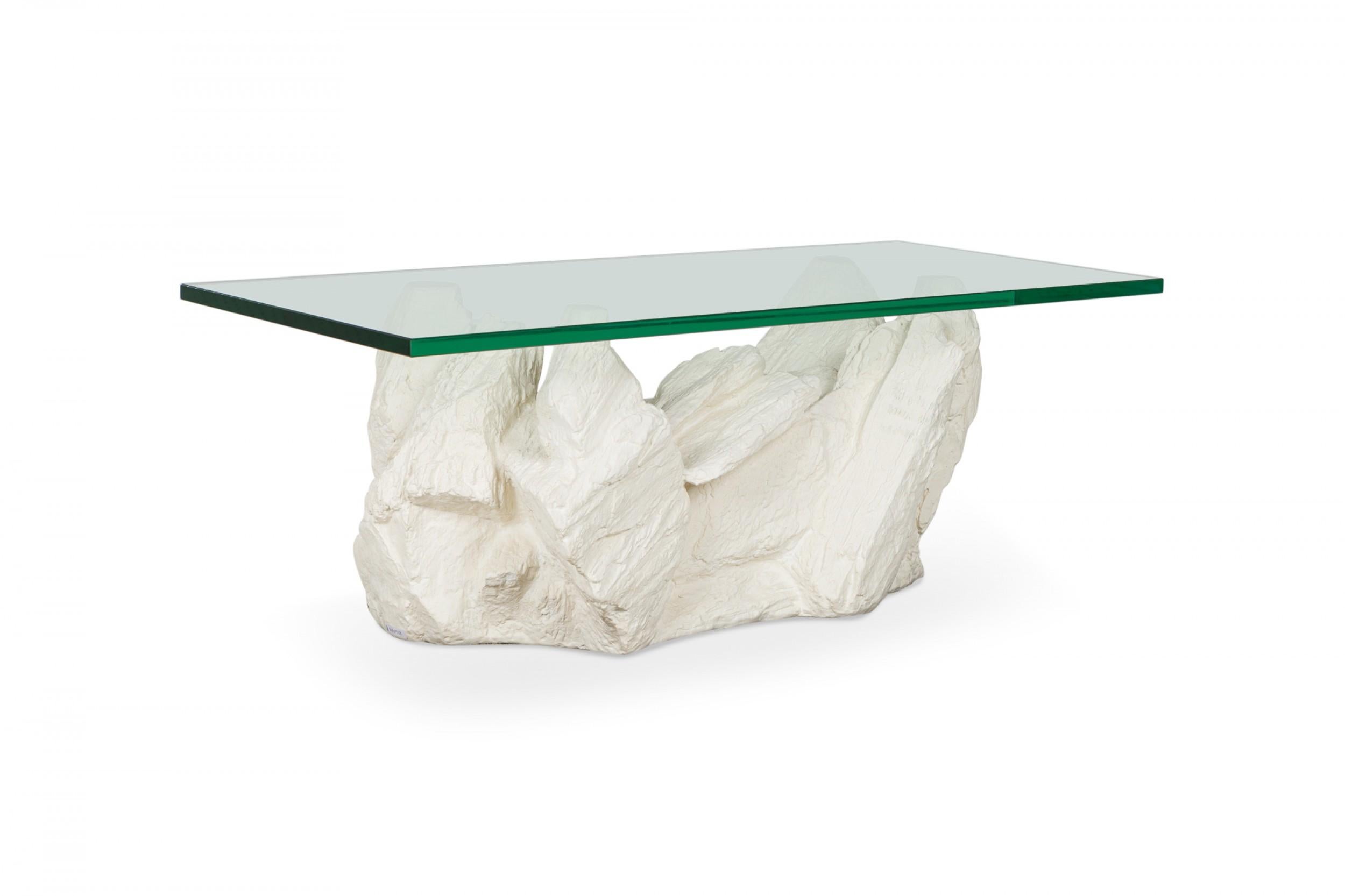 20th Century Sirmos American Mid-Century White Plaster and Glass Faux Bois Stone Coffee Table For Sale