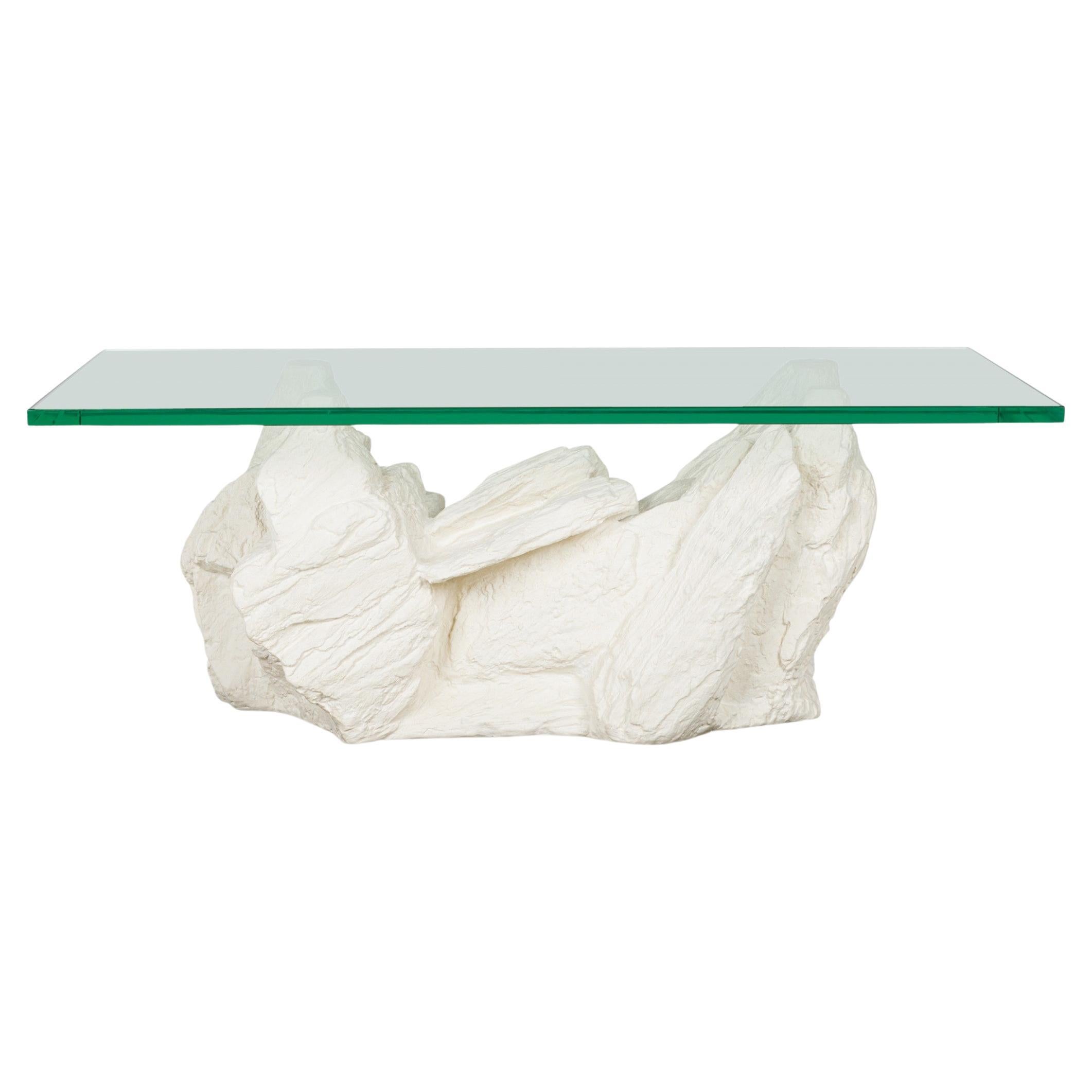 Table basse américaine Sirmos du milieu du siècle en plâtre blanc et verre imitation bois
