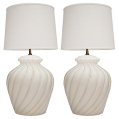 Sirmos Pair of "Swirl Table Lamps" in Ceramic with Brass Hardware 1970s