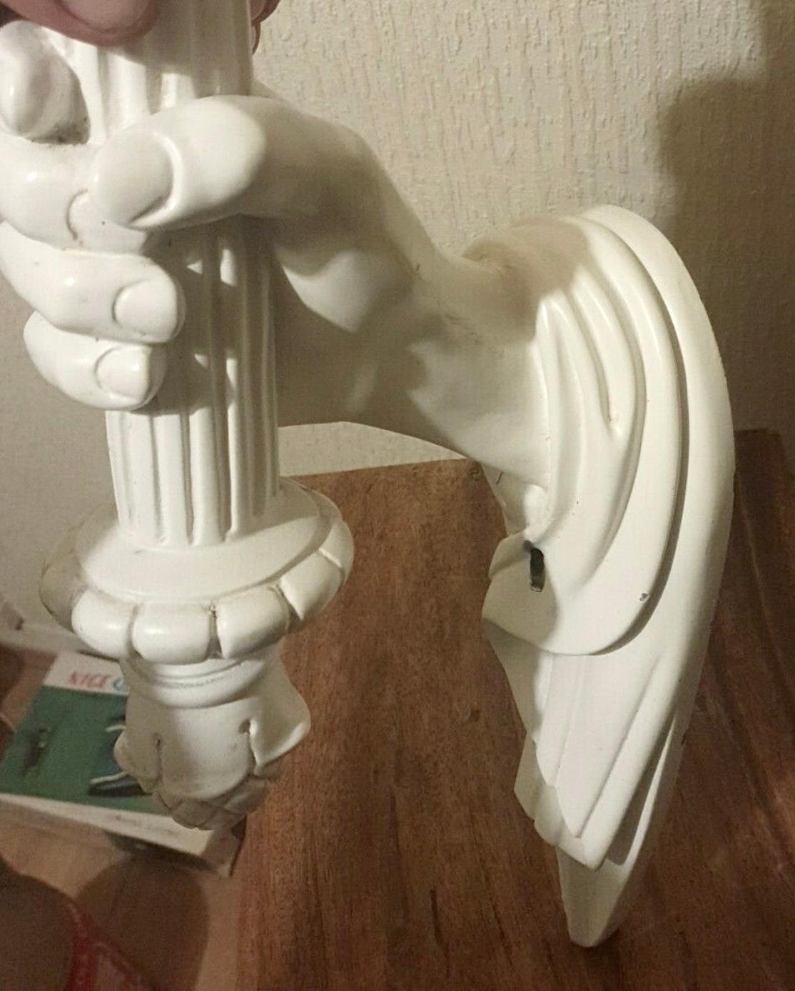 Sirmos plaster hand and torch wall sconce, midcentury figural fixture, 1970s, labelled. Gorgeous piece.