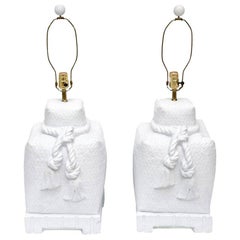 Sirmos Vintage Plaster of Paris White Woven Roped Tasseled Large Lamps Pair Of