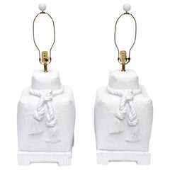 Sirmos Plaster of Paris White Woven Roped and Tasseled Lamps Pair of Retro