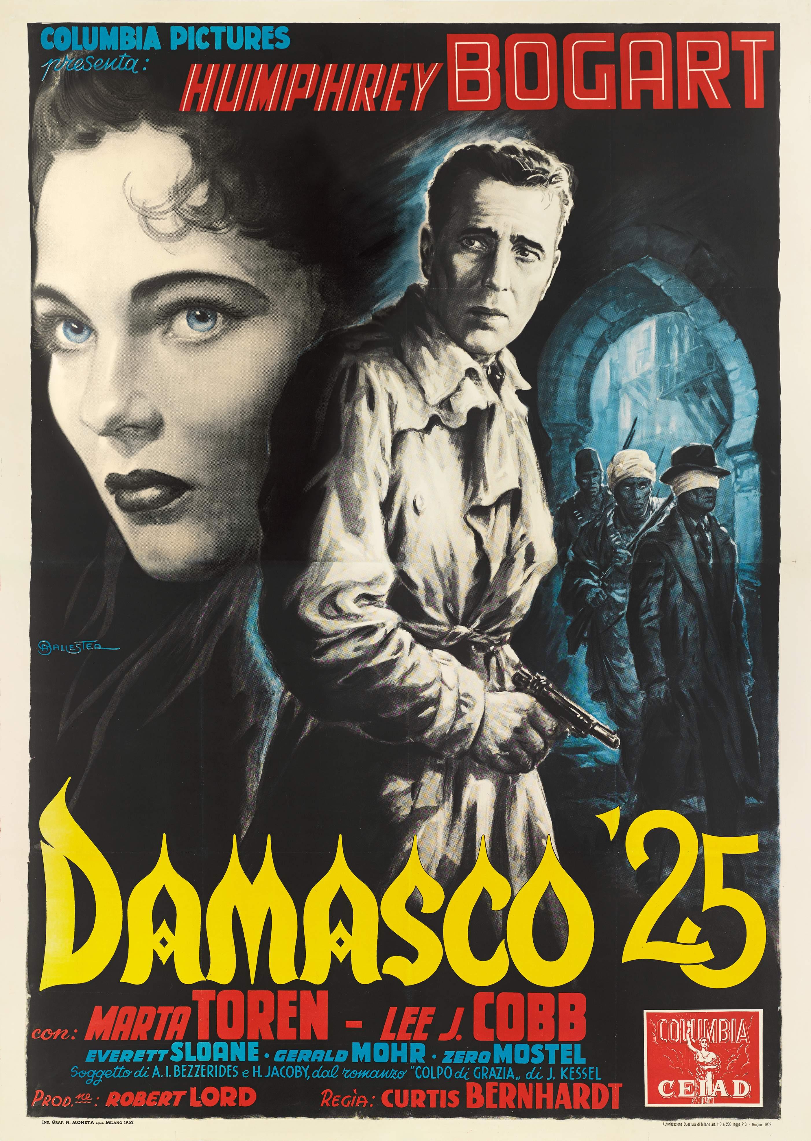 Original Italian film poster for the 1951 film Sirocco.
This poster was designed by the great Italian poster artist Anselmo Ballester (1897-1974) The film was released in Italy one year later in 1952.
Film noirs such as the Big Sleep (1946), Key