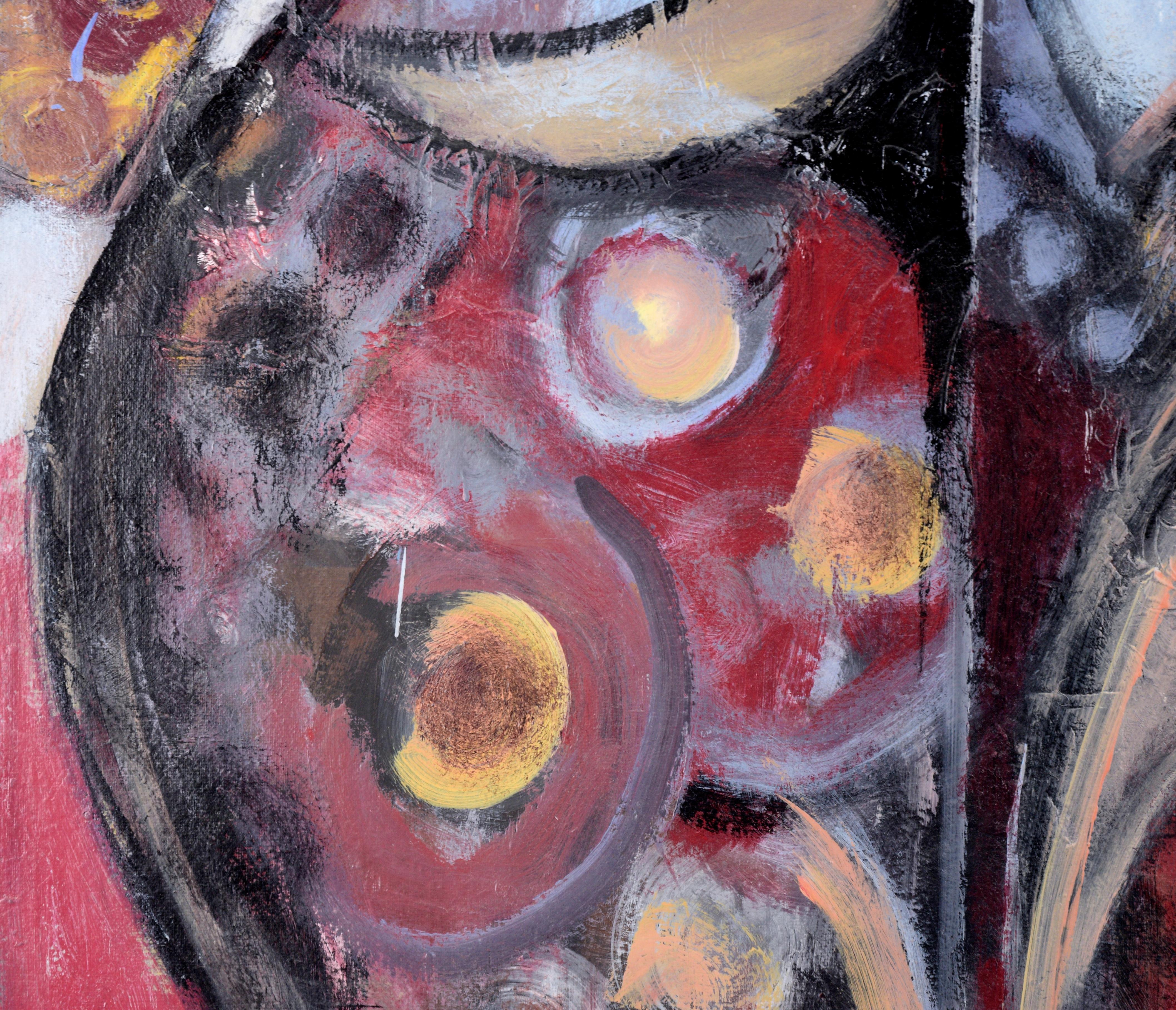 Œuvre figurative à grande échelle de Sirous Malek (Iranien, né en 1935). Deux personnages sont représentés côte à côte, presque enlacés, mais légèrement séparés par une fine ligne. Elles sont abstraites et ornementées, rappelant les peintures