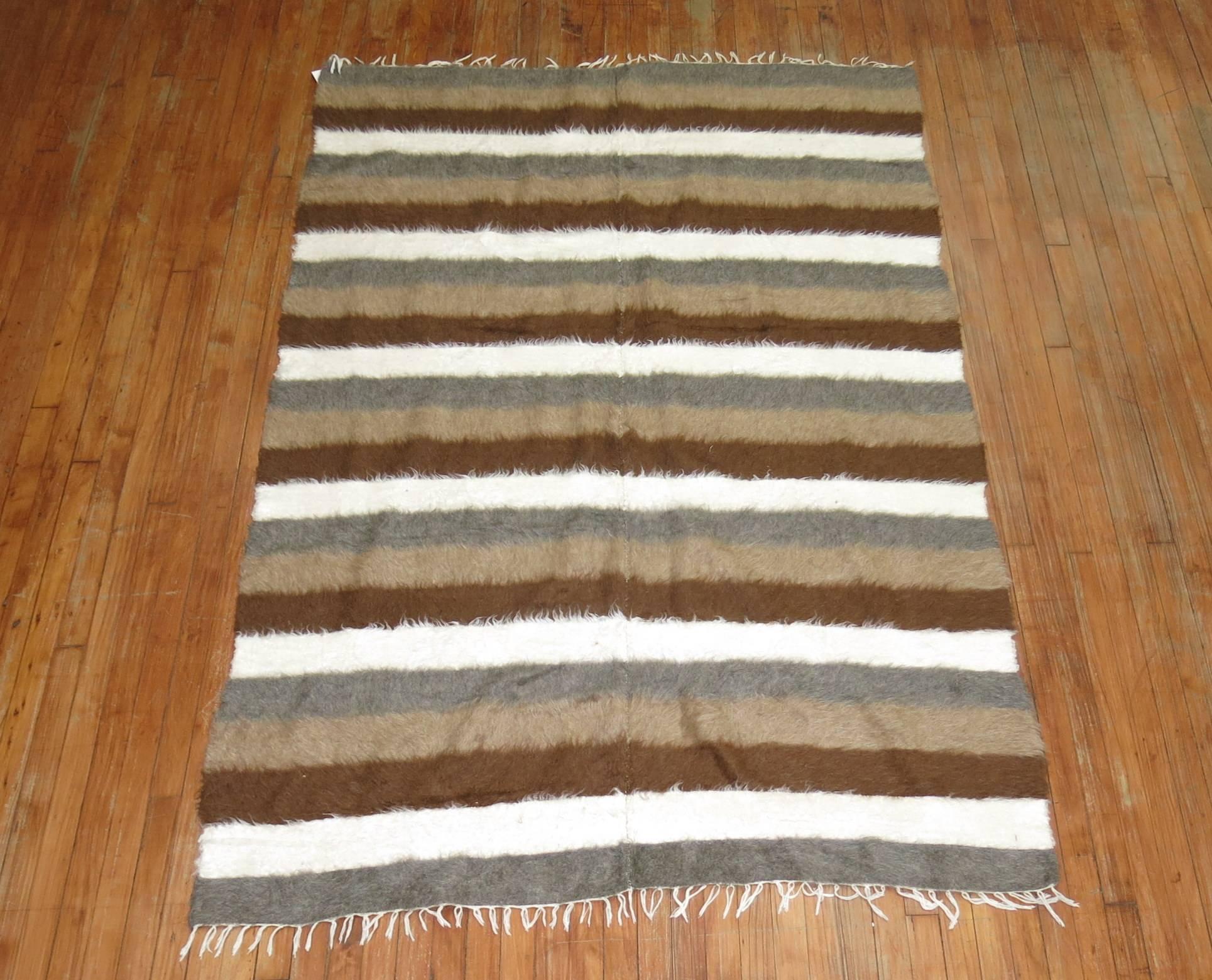 Mid-Century Modern Sirt Vintage Turkish Striped Mohair Rug For Sale