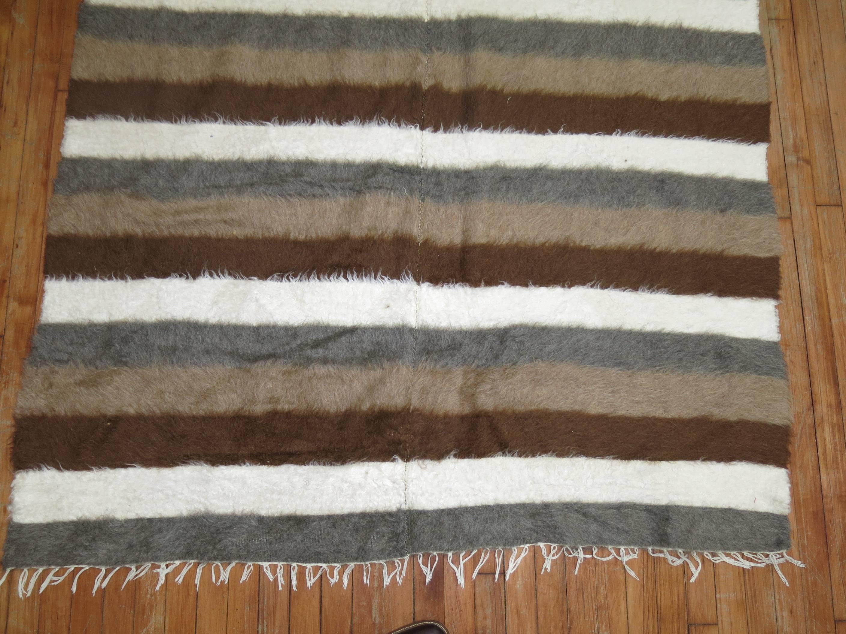Hand-Woven Sirt Vintage Turkish Striped Mohair Rug For Sale