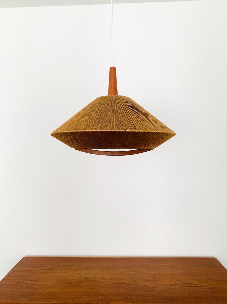 Suspension vintage en teck et sisal, Temde Leuchten '60