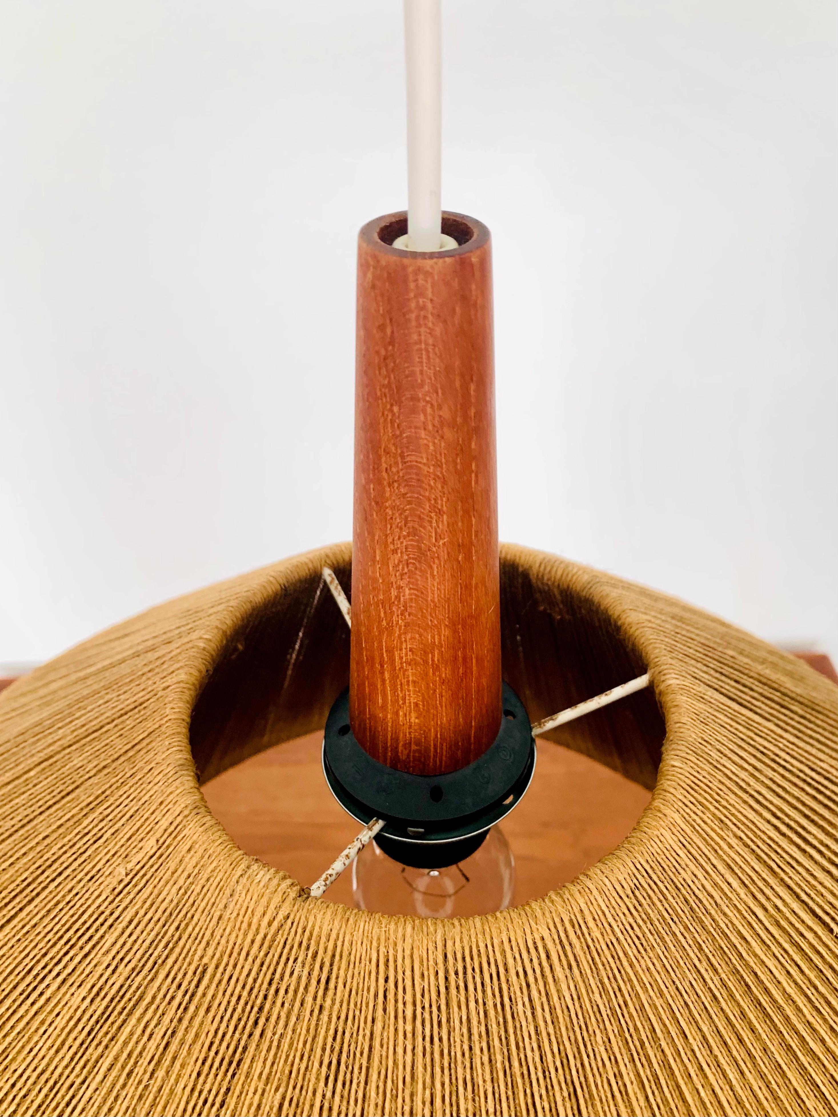 Raffia Sisal and Teak Pendant Lamp by Temde For Sale