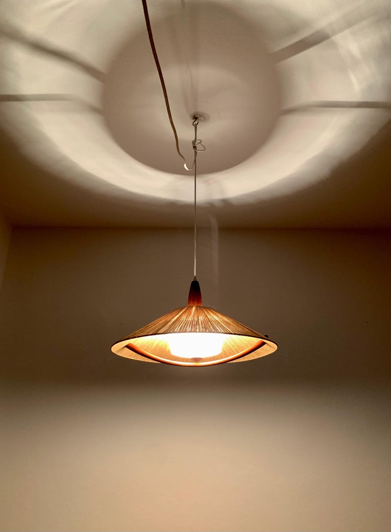 Lampe Suspension Vintage Temde 1960 Teck Et Sisal