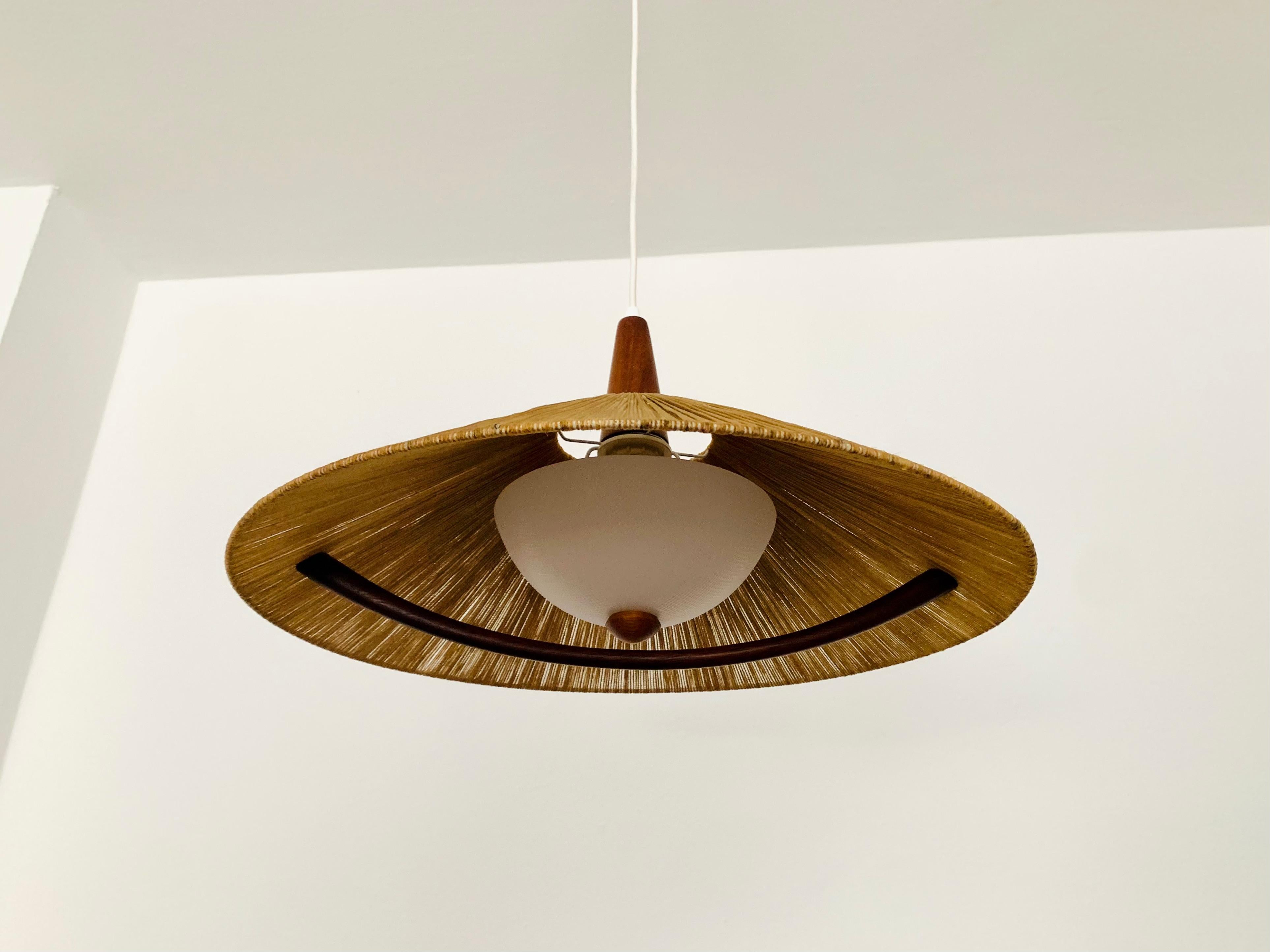 Mid-20th Century Sisal and Teak Pendant Lamp from Temde For Sale