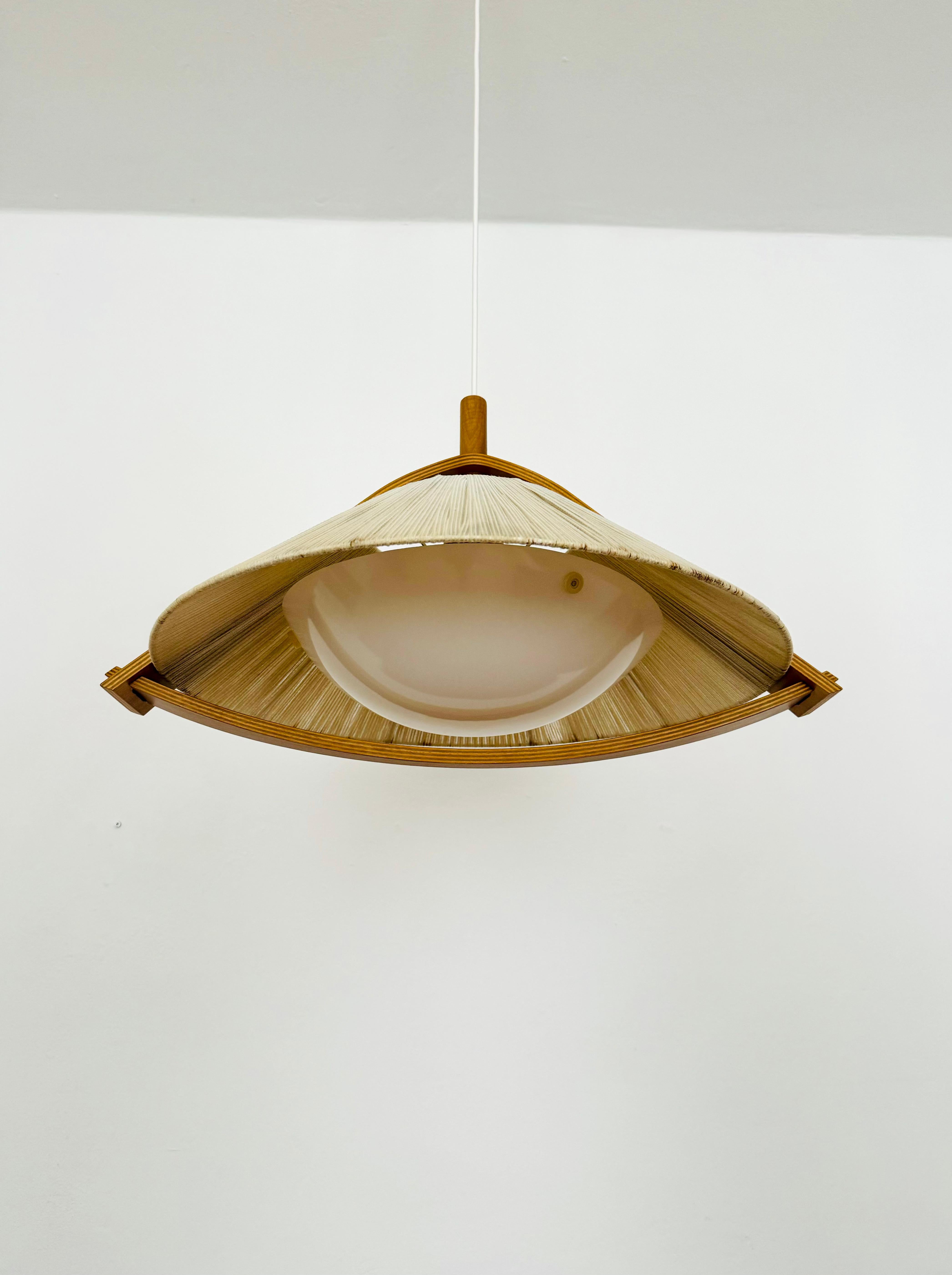 German Sisal and Walnut Pendant Lamp by Temde For Sale