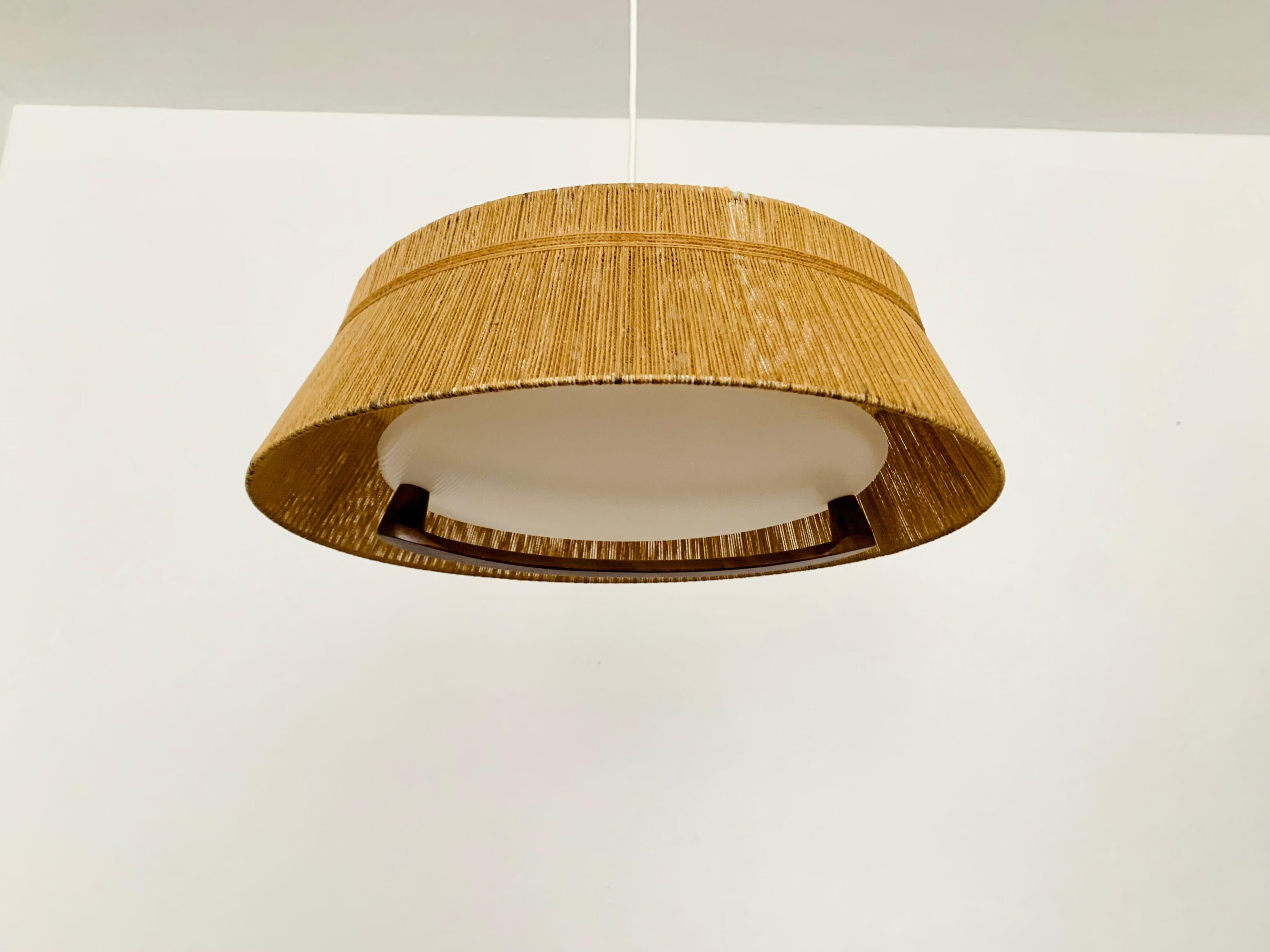 Mid-20th Century Sisal and Walnut Pendant Lamp from Temde For Sale