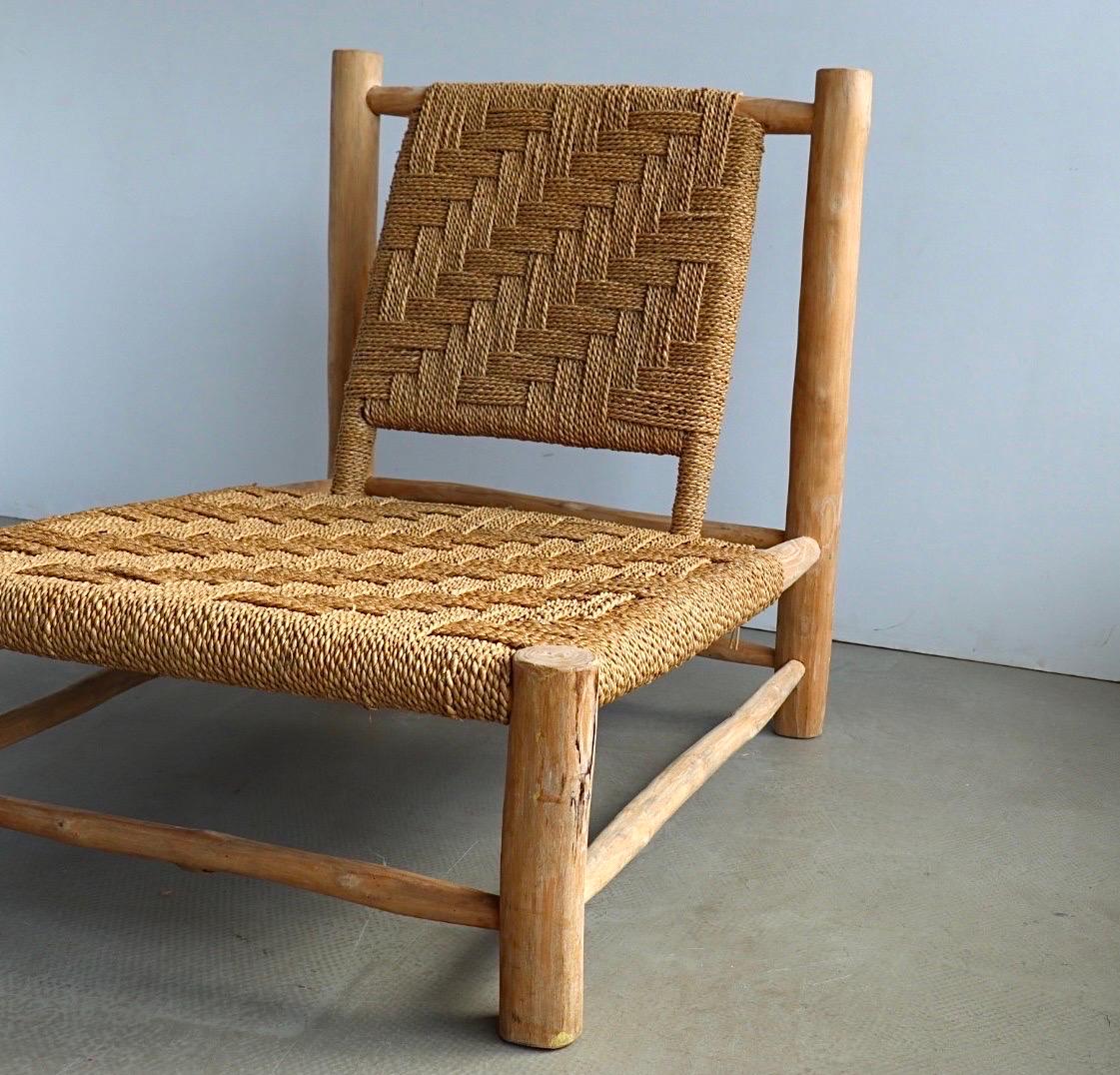 Sisal Rope and Ash Wood low Lounge Chair Charlotte Perriand Audoux & Minet Style In Good Condition For Sale In Amsterdam, NL