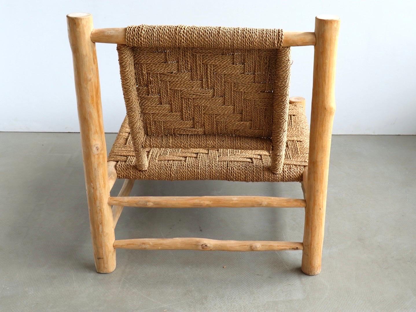 Sisal Rope and Ash Wood low Lounge Chair Charlotte Perriand Audoux & Minet Style For Sale 1
