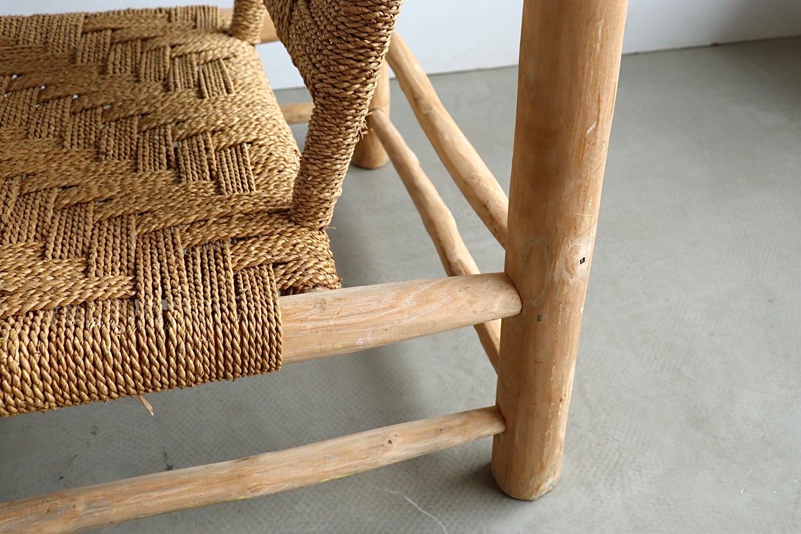 Sisal Rope and Ash Wood low Lounge Chair Charlotte Perriand Audoux & Minet Style For Sale 2